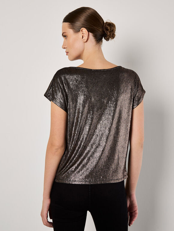 Metallic Foil Cowl Neck Top, Brown, large