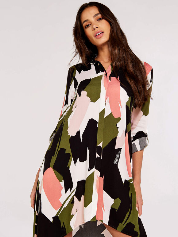 Brushstroke Print Mini Dress, Khaki, large