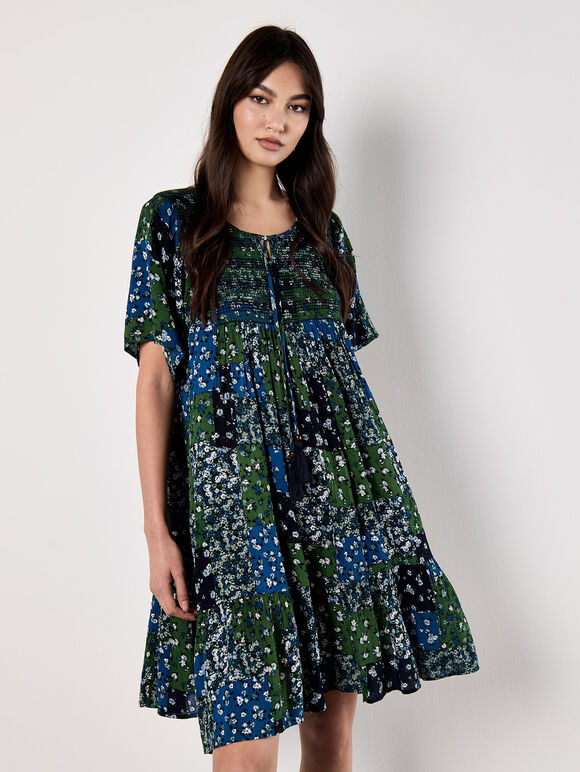Patchwork Print Crinkle Mini Dress, Navy, large