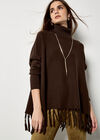Roll Neck Fringe Poncho Jumper, Brown, large