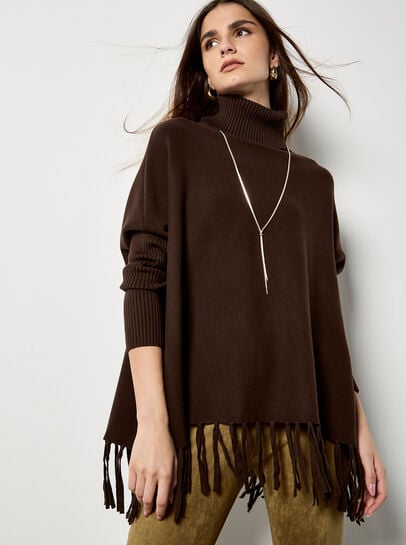 Roll Neck Fringe Poncho Jumper
