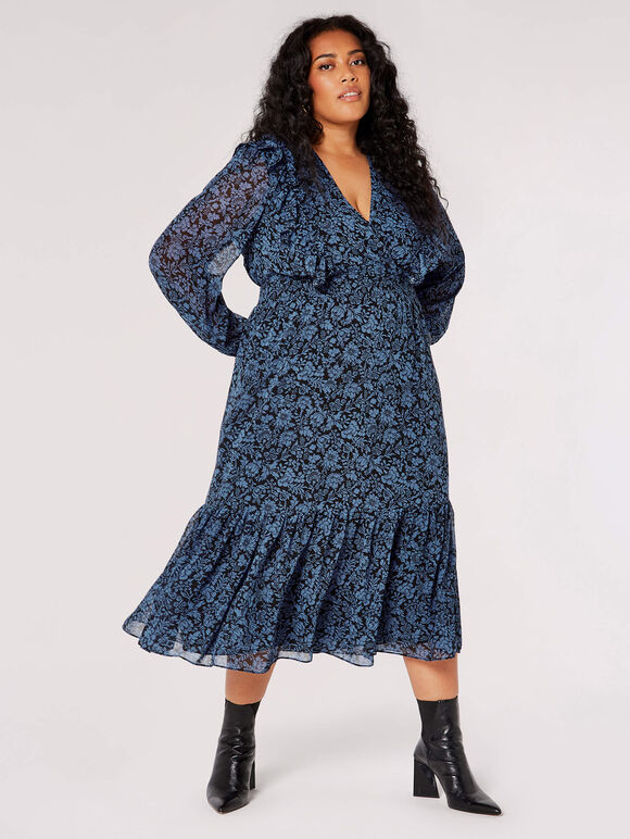 Curve Silhouette Floral Midi Dress, Blue, large