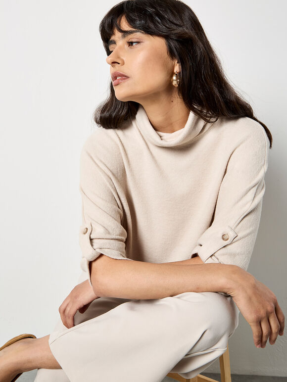 Soft Touch Roll Neck Top, Stone, large