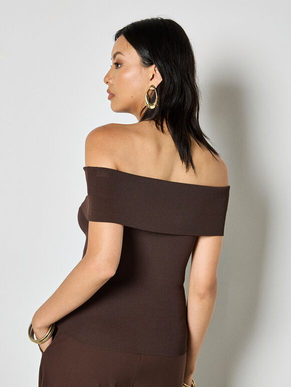 Rib Knit Bardot Top, Brown, large