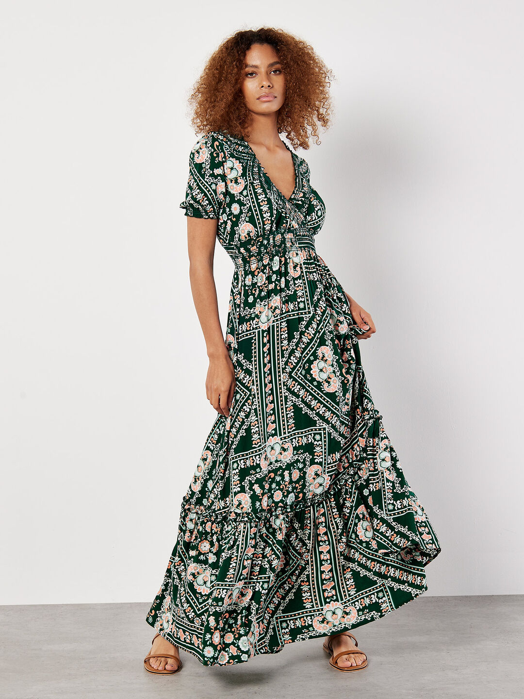 Image of Scarf Print Smocked Maxi Dress