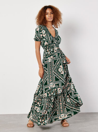 Scarf Print Smocked Maxi Dress