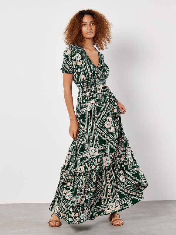 Scarf Print Smocked Maxi Dress, Green, large