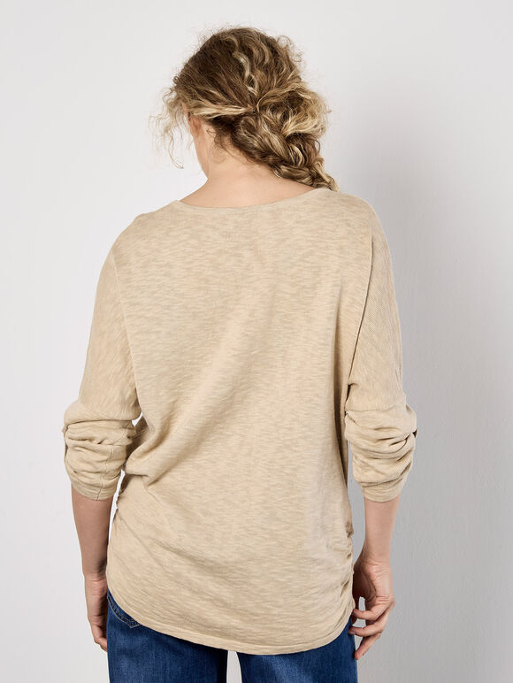 Cotton Blend Ruched Side Jumper, Stone, large