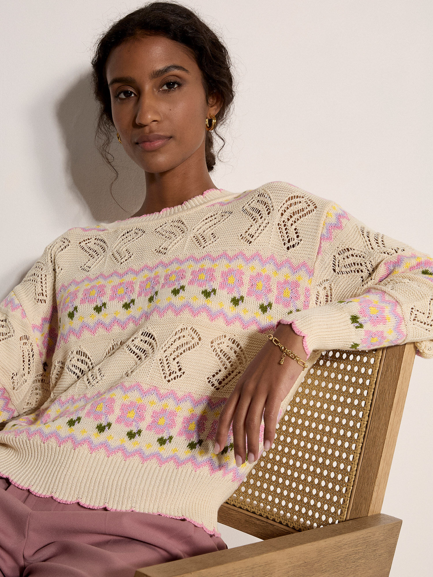 Pointelle Knit Butterfly Floral Jumper | Apricot Clothing