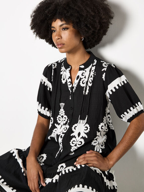 Baroque Print Shirt Mini Dress, Black, large