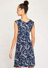 Feather Leaf Print Tie Front Dress, Navy, large