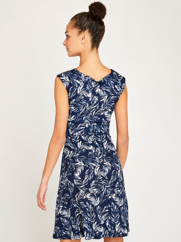 Feather Leaf Print Tie Front Dress, Navy, large