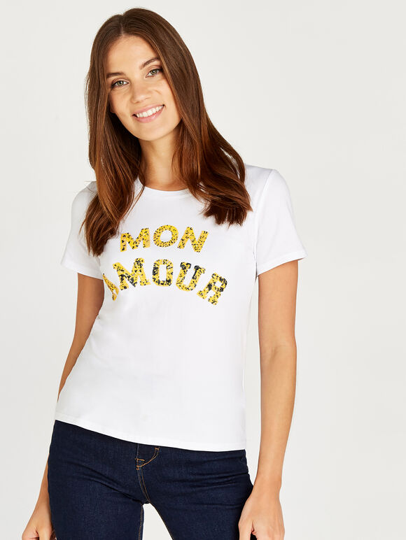Mon Amour Sequin Word Tee, White, large