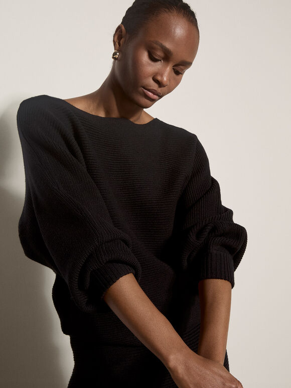 Ribbed Knit Batwing Jumper, Black, large