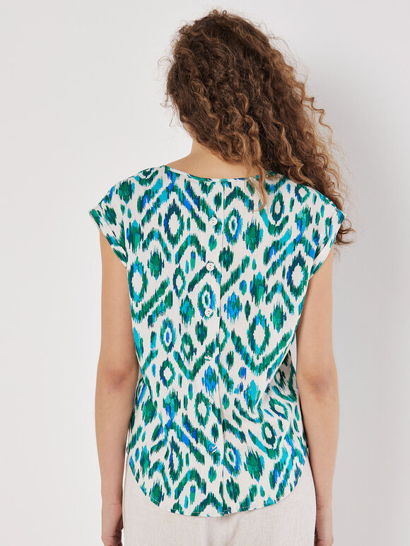 Ikat Button Back Woven T-Shirt, Green, large