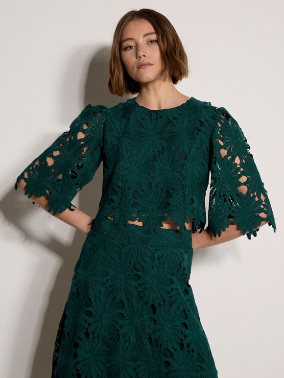 Guipure Lace Daisy Crop Top, Green, large