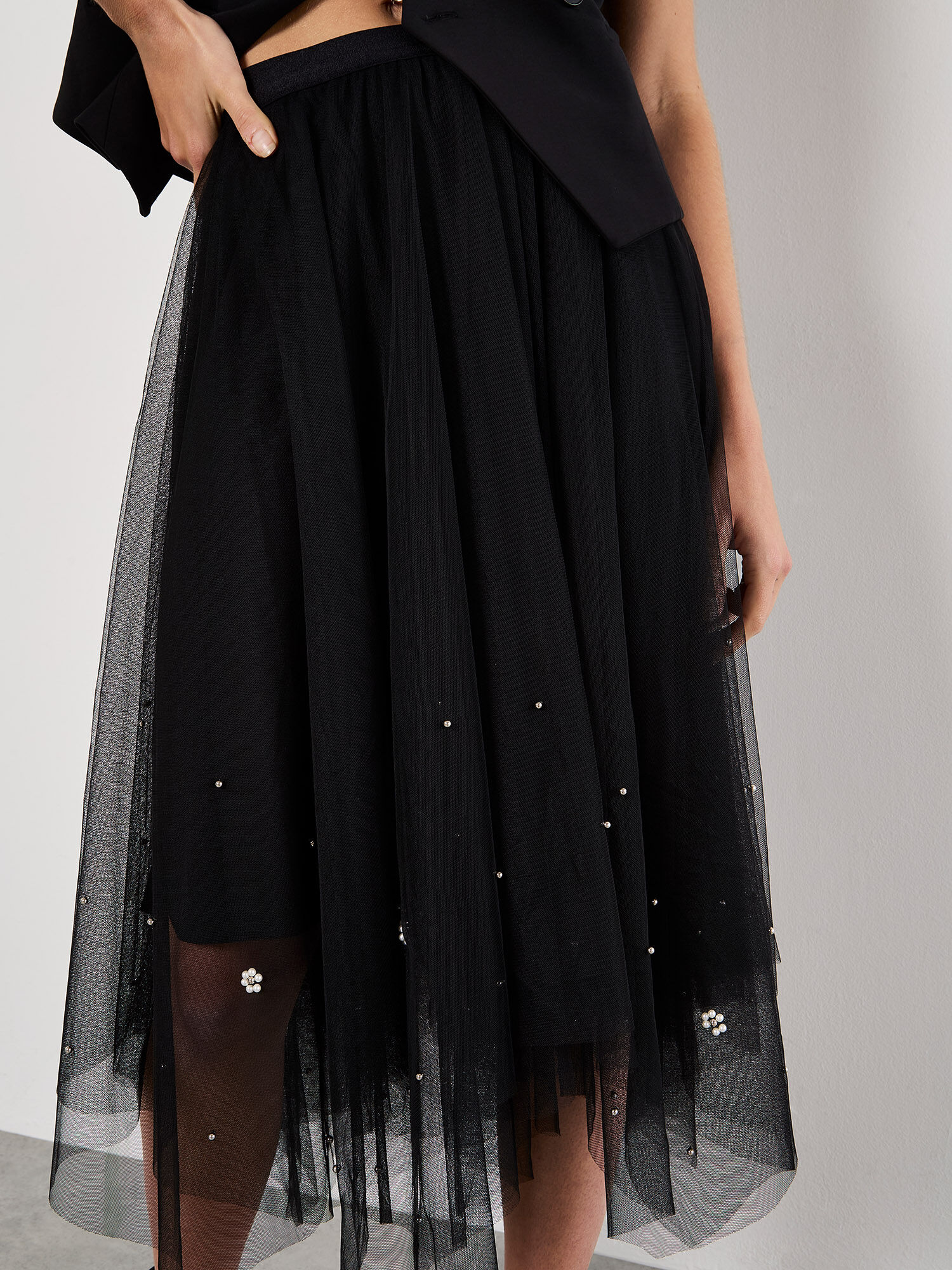 Pearl Embellished Tulle Midi Skirt | Apricot Clothing