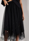 Pearl Embellished Tulle Midi Skirt, Black, large