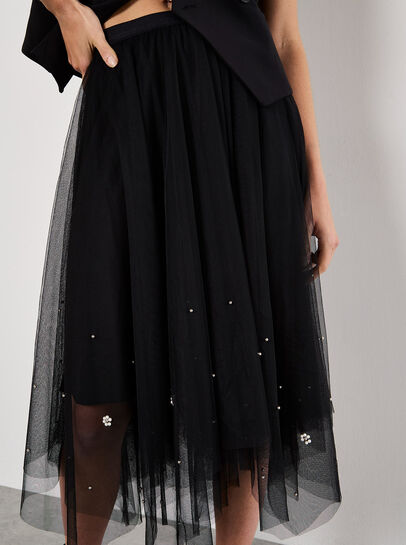 Pearl Embellished Tulle Midi Skirt