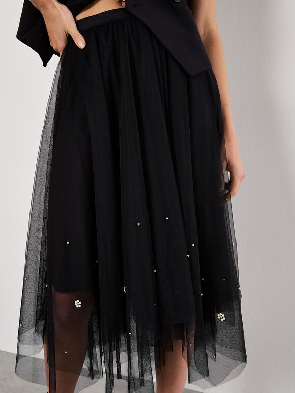 Pearl Embellished Tulle Midi Skirt, Black, large