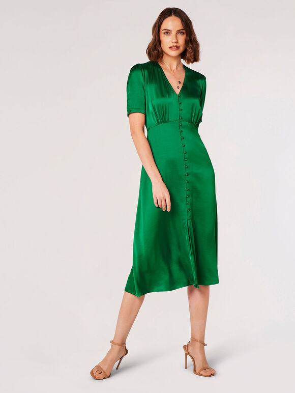 Satin Button Down Midi Dress, Green, large