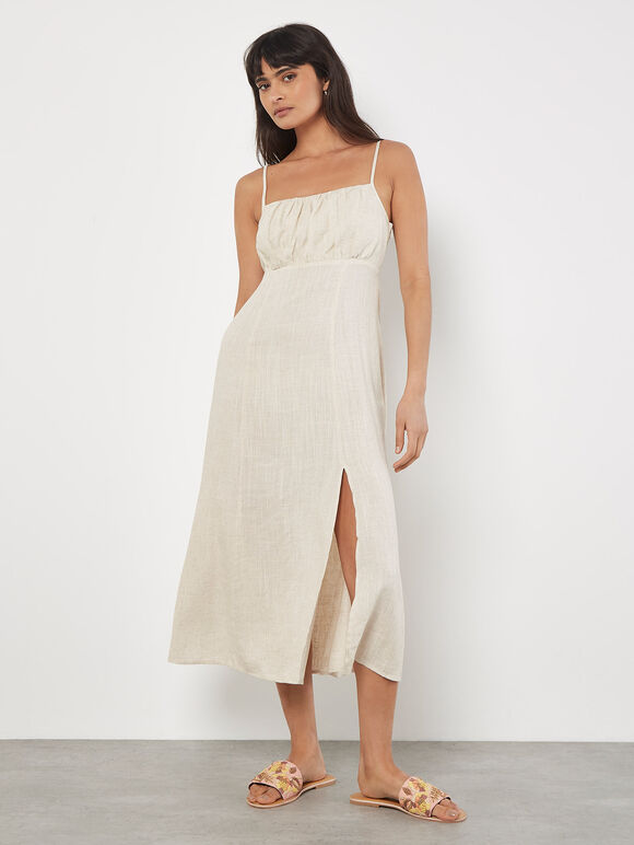 Linen Blend Camisole Midi Dress, Stone, large