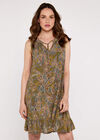 Paisley V Neck Ruffle Trim Dress, Khaki, large