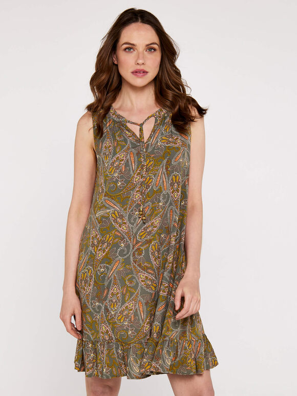 Paisley V Neck Ruffle Trim Dress, Khaki, large