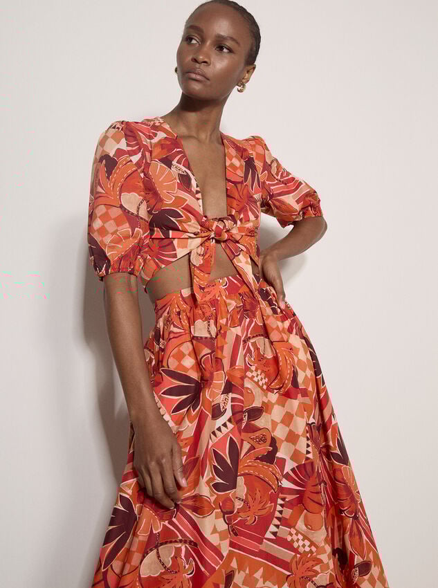 Tropical Leaf Patchwork Tie Front Top, Red, large