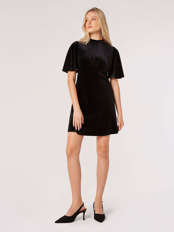 Fit And Flare Velvet Mini Dress, Black, large