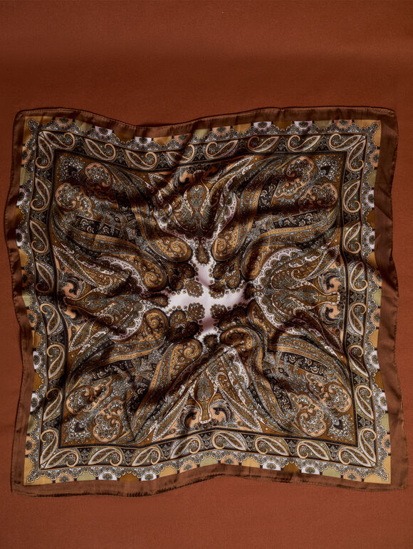 Printed Satin Scarf, Brown, large
