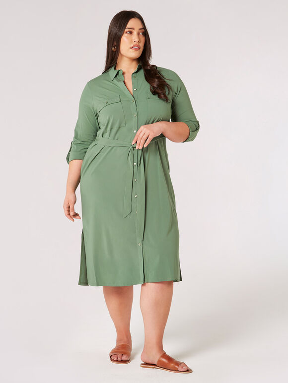 Curve Utility Shirt Midi Dress, Khaki, large