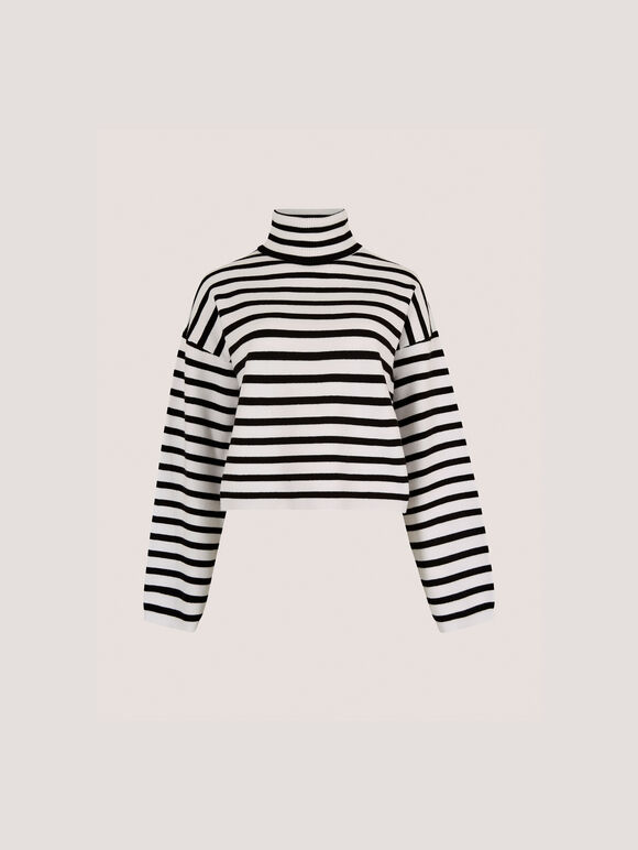 Roll Neck Stripe Cropped Jumper, Cream, large