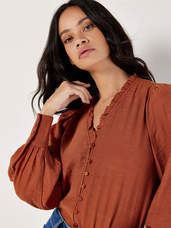 Ruffle Neck Textured Blouse, Rust, large