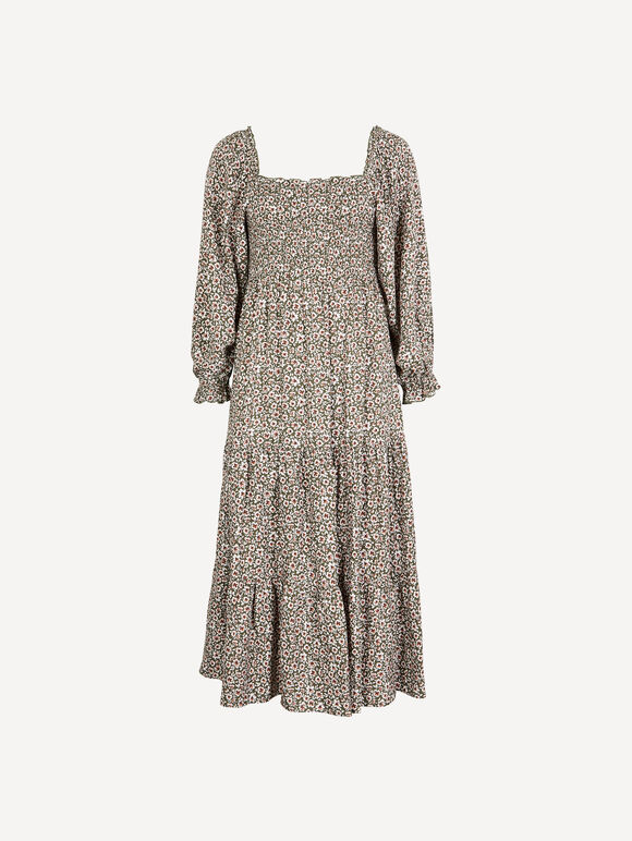 Ditsy Floral Smocked Midi Dress, Khaki, large