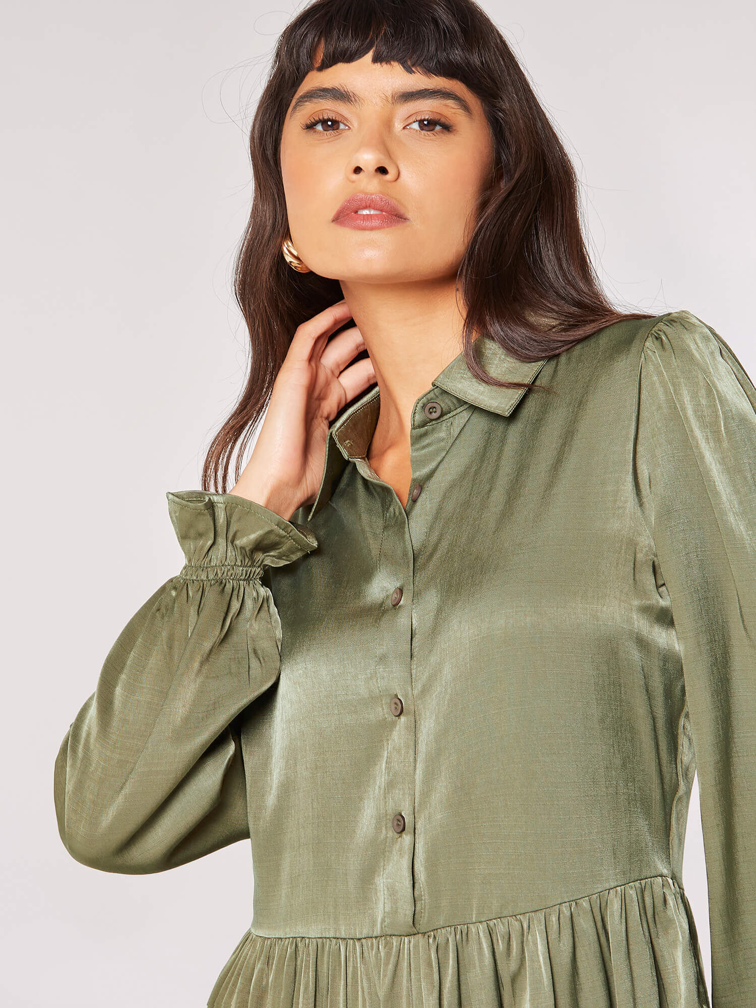 Khaki satin shirt dress store