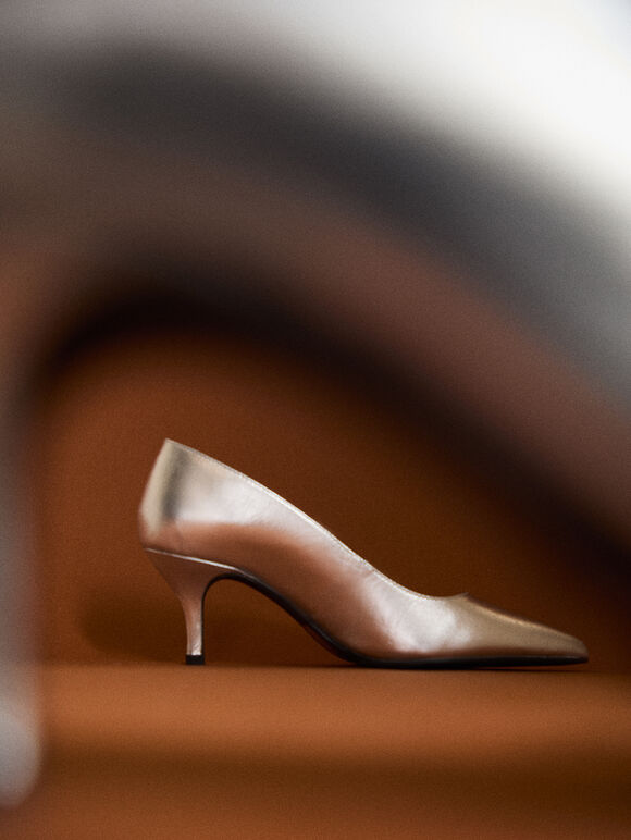 Leather Stiletto Heel Shoes, Silver, large