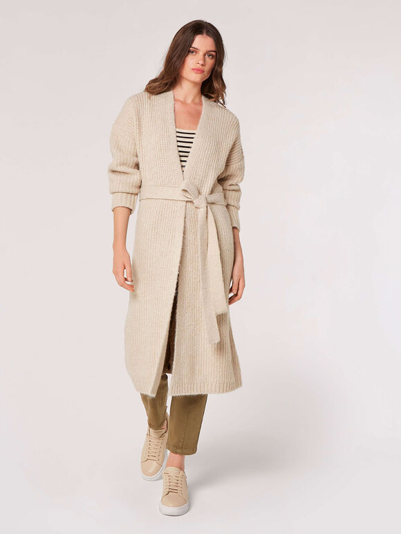 Fisherman Knit Longline  Cardigan, Stone, large