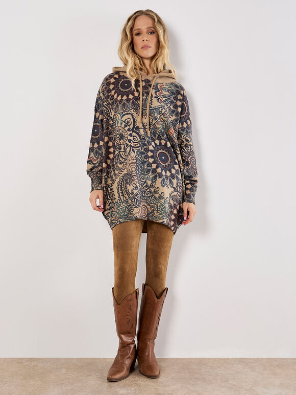 Mandala Hooded Tunic Jumper, Teal, large