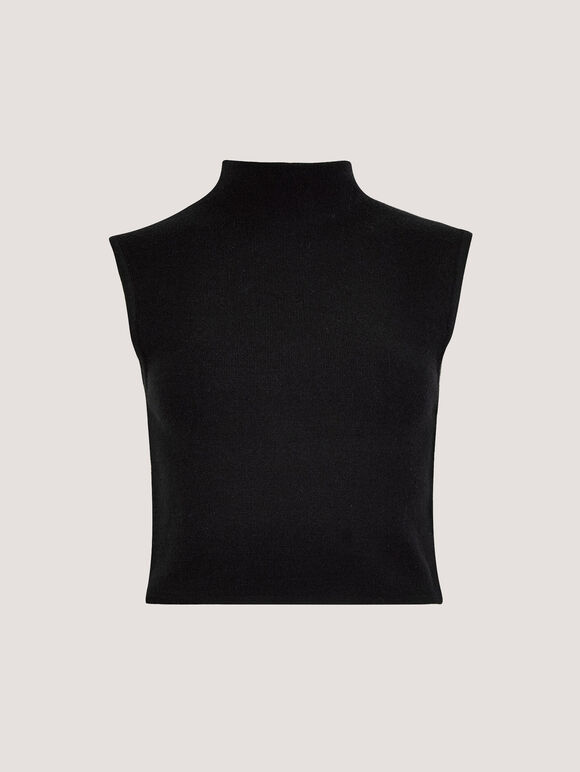 High Neck Knitted Crop Top, Black, large