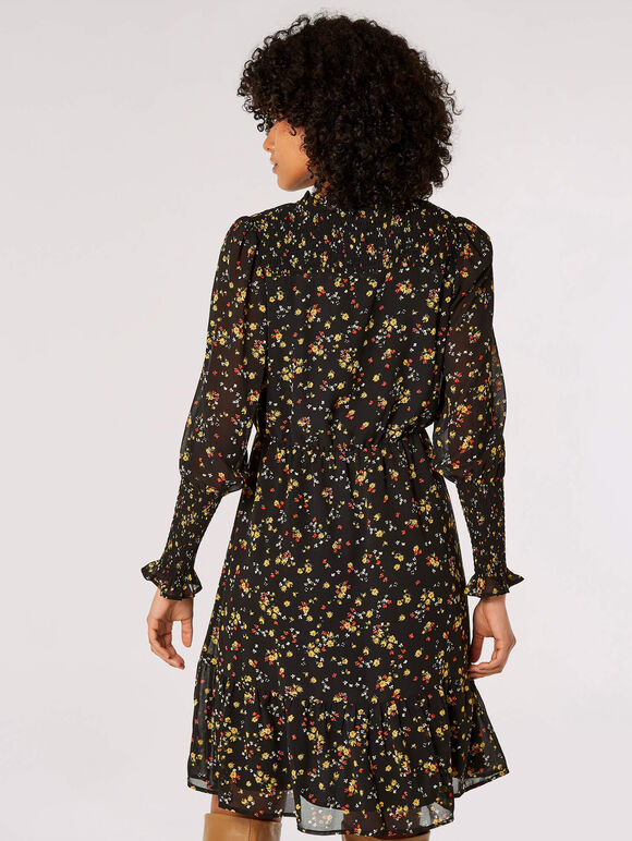 Ditsy Floral Ruffle Mini Dress, Black, large