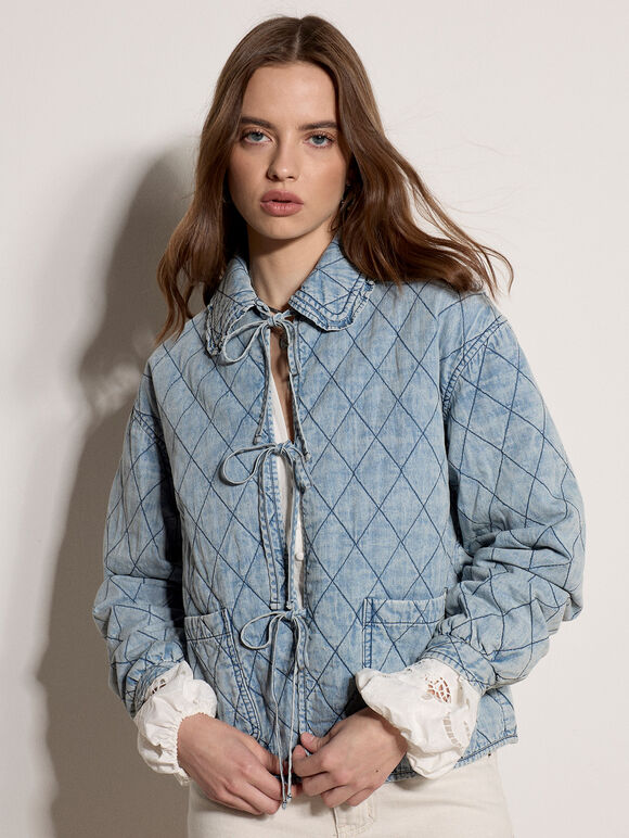 Cotton Denim Quilted Jacket, Blue, large