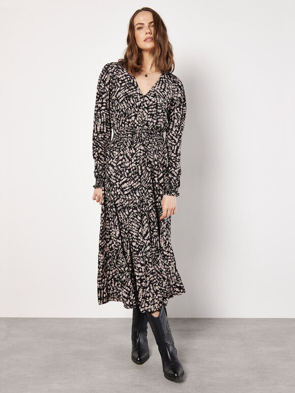 Abstract Print Tiered Midaxi Dress, Black, large