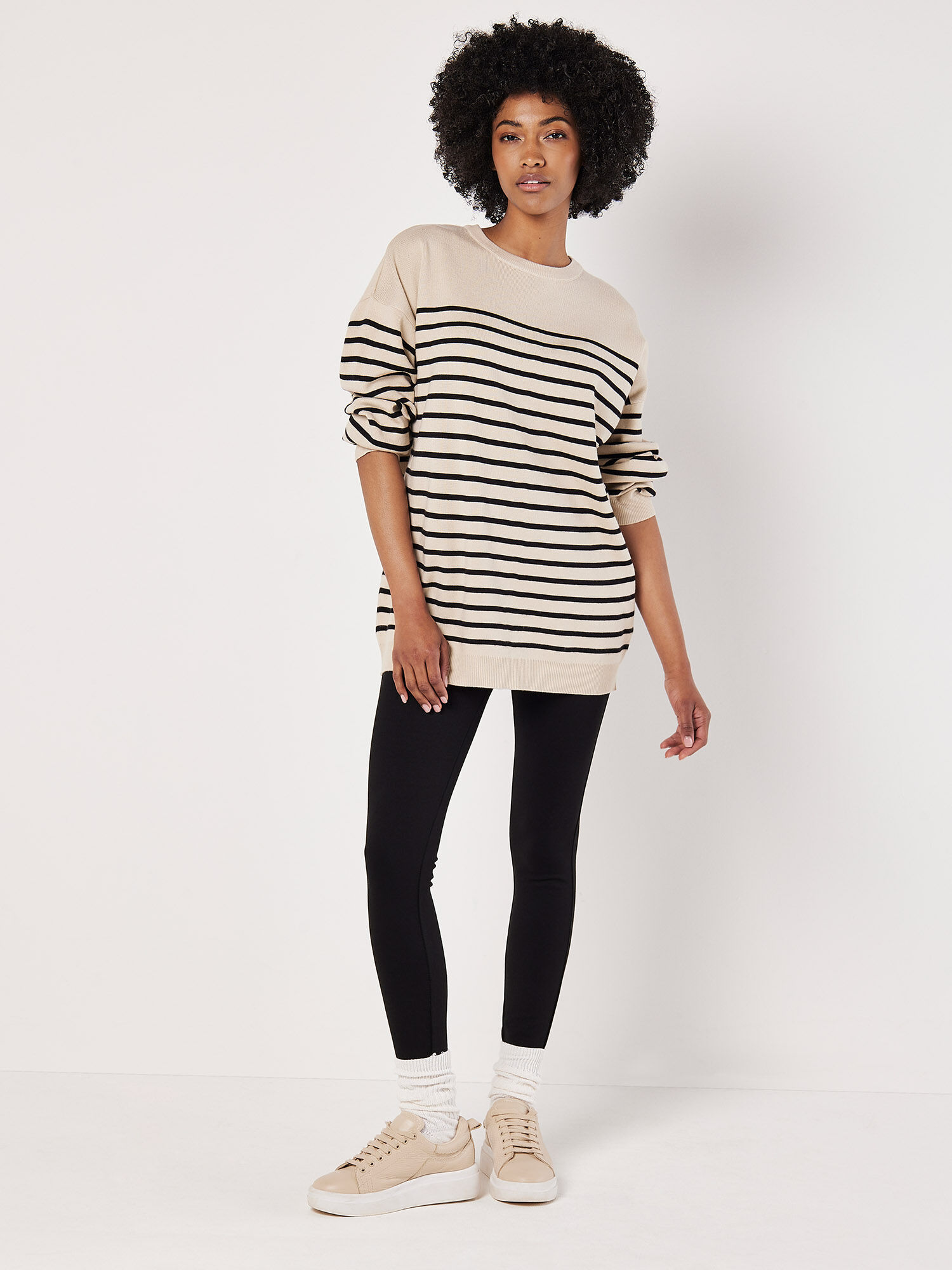 Stripe Rib Knit Longline Jumper Apricot Clothing