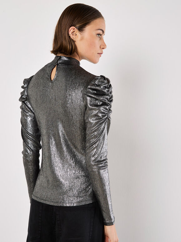 Metallic Foil Ruched Shoulder Top, Silver, large