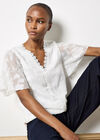 Crochet Trim Floral Jacquard Blouse, Cream, large
