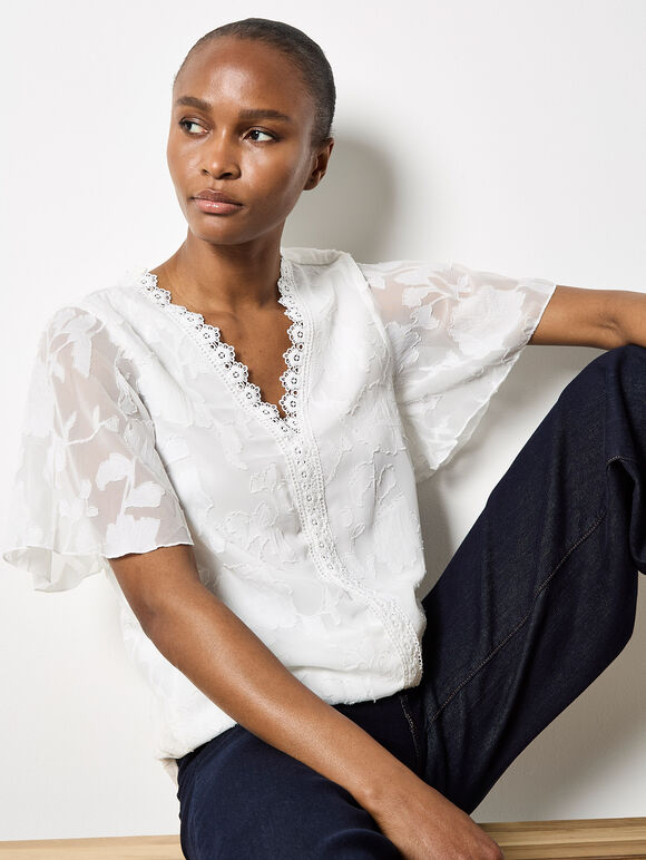Crochet Trim Floral Jacquard Blouse, Cream, large