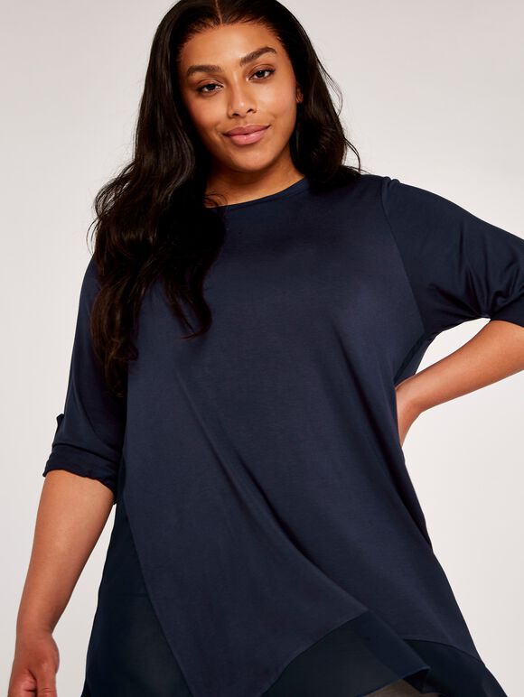 Curve Waterfall Hem Roll Sleeve Top, Navy, large