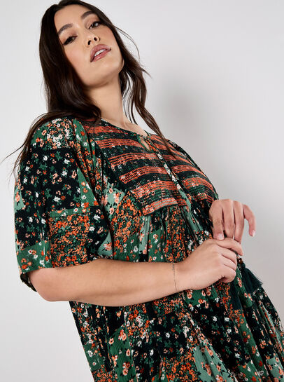 Patchwork Print Crinkle Mini Dress