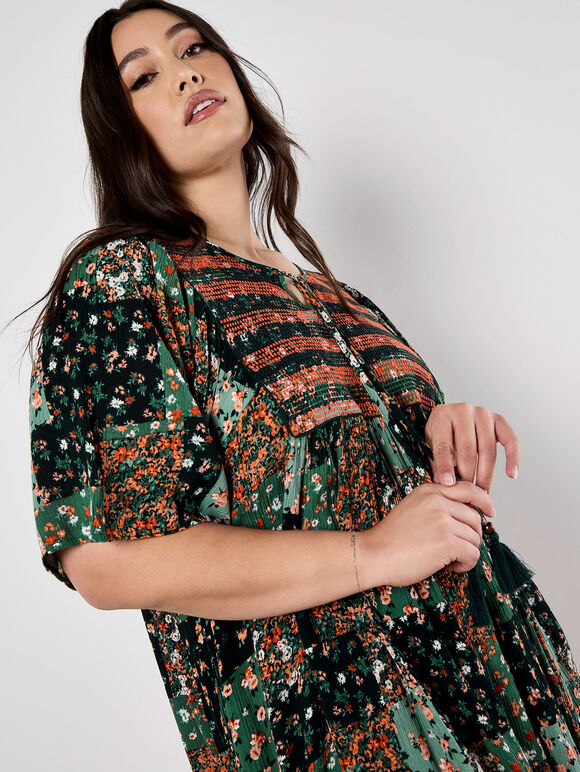 Patchwork Print Crinkle Mini Dress, Green, large